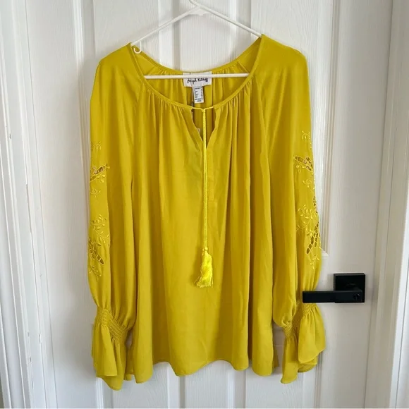 Joseph Ribkoff Flowy Yellow Blouse with Embroidered Sleeves - Picture 3 of 7